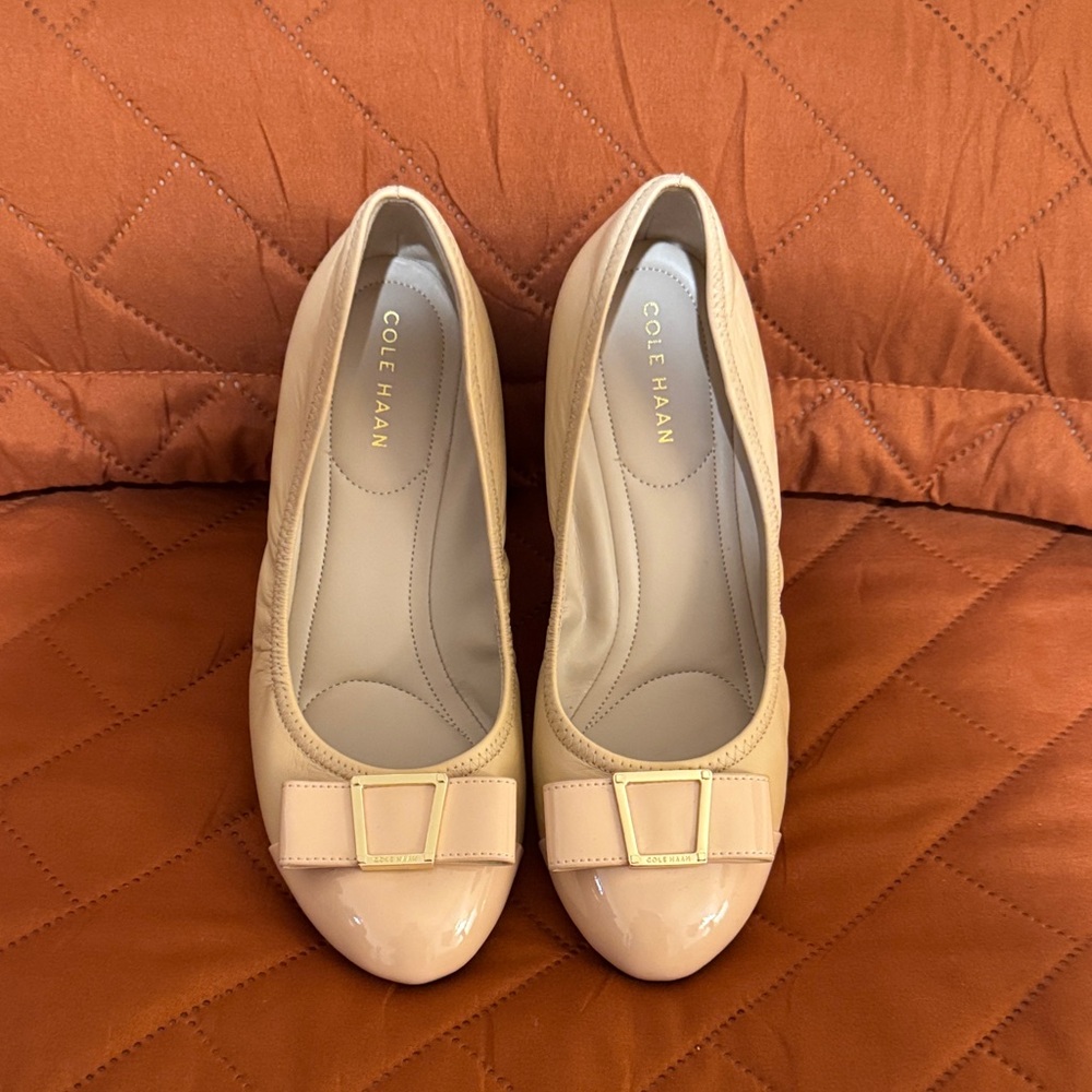 Cole Haan Blush Patent-Toe Ballet Flats with Gold Buckle